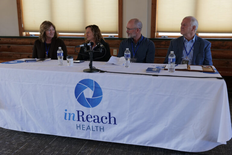 CEO Panel at the 2025 Summit featuring Carrie Lutz (CEO, Holton Community Hospital), Manny Banner (CEO, Memorial Community Hospital), and Kurt Loveless (CEO, Kane County Hospital), moderated by Patrick Bruggeman, Chief Sales and Marketing Officer at inReach Marketing.